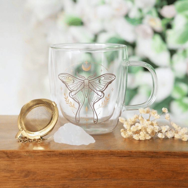 Mottentasse aus doppelwandigen Glas mit Teesieb & Kristall