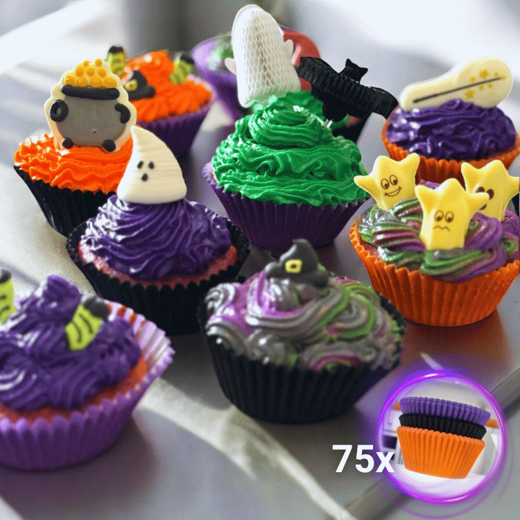 Muffinförmchen Halloween – 75 Stück in Orange, Lila & Schwarz
