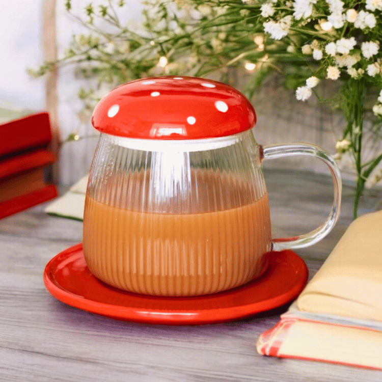 Pilz-Tasse aus Glas mit Untertasse Set