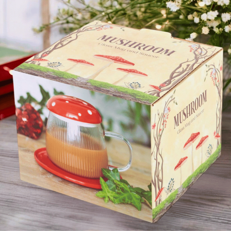 Pilz-Tasse aus Glas mit Untertasse Set