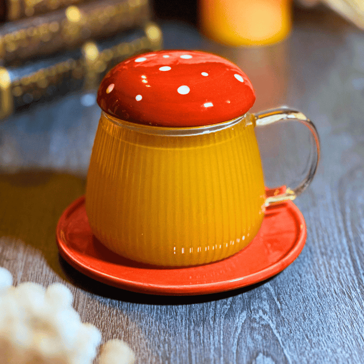 Pilz-Tasse aus Glas mit Untertasse Set