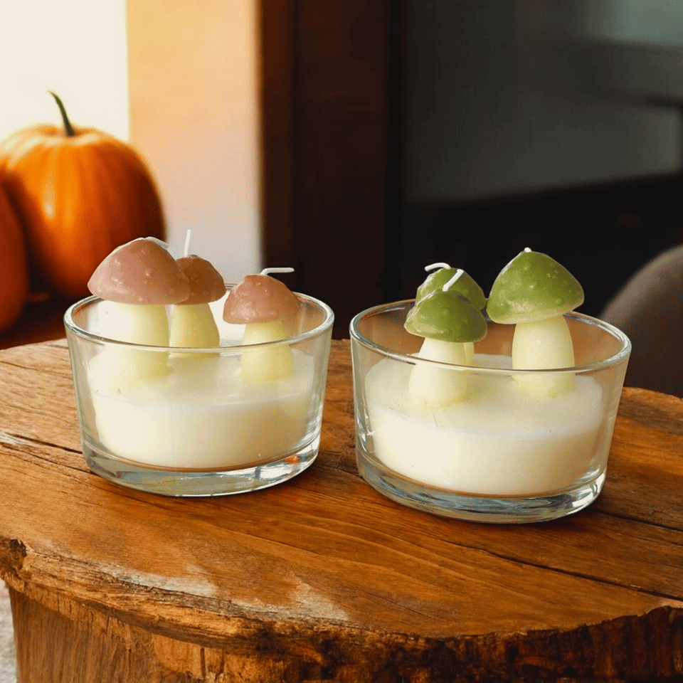 Herbstliche 3D Pilz Kerzen (2er-Set im Glas)