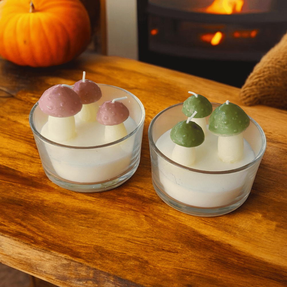 Herbstliche 3D Pilz Kerzen (2er-Set im Glas)