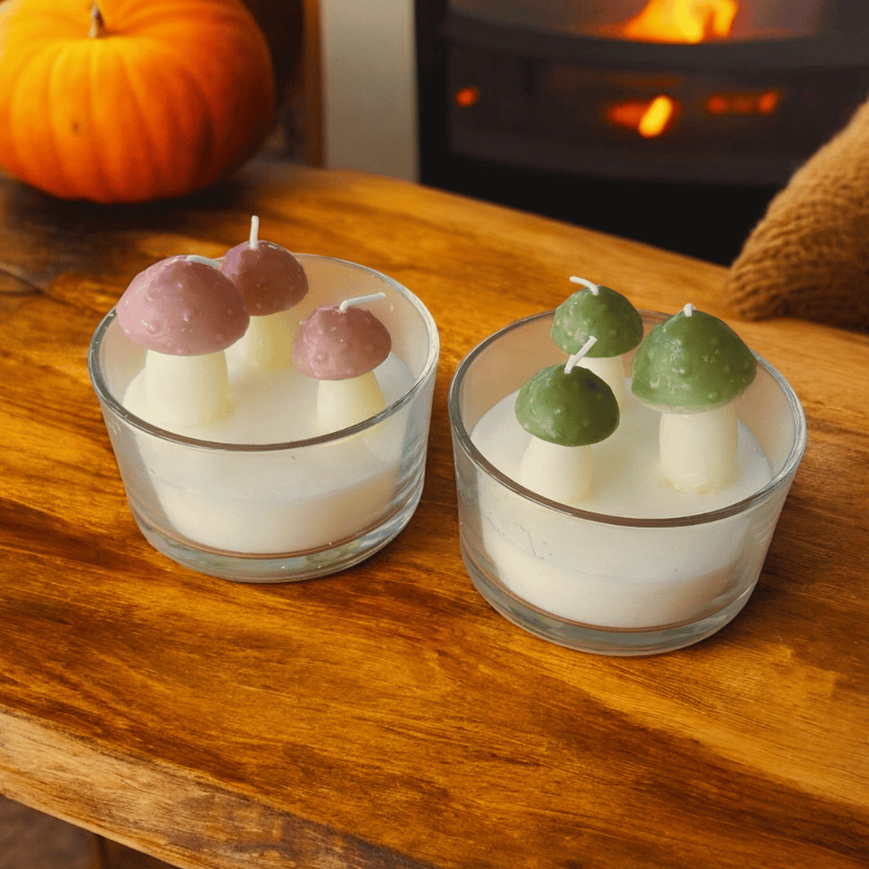 Herbstliche 3D Pilz Kerzen (2er-Set im Glas)