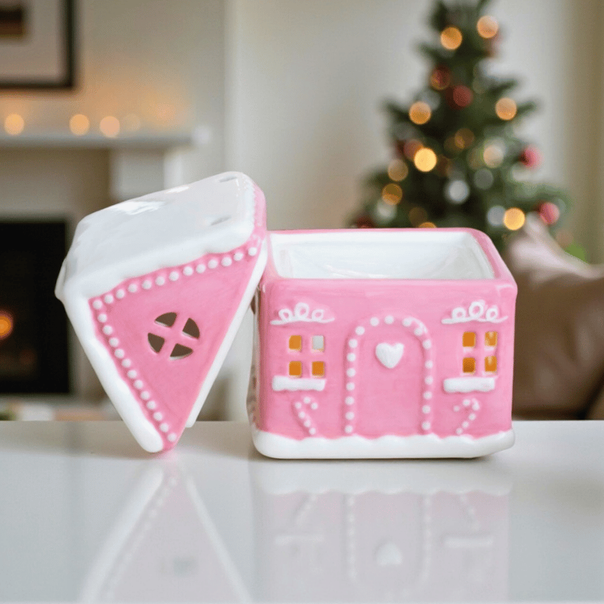 Rosa Lebkuchenhaus Duftlampe – Keramik-Ölbrenner für Winter & Weihnachten