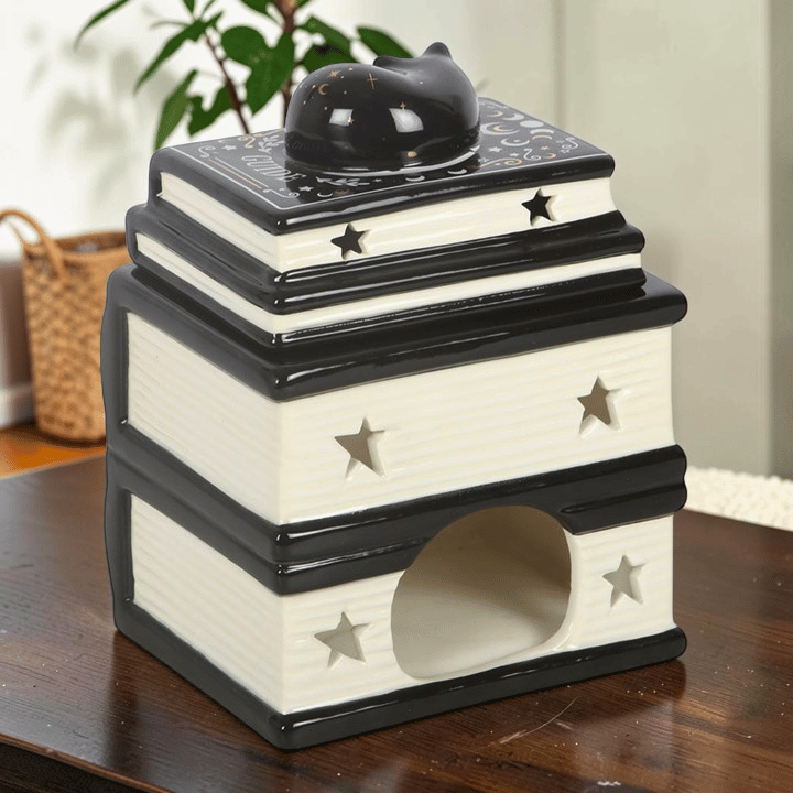 Schwarze Katze Duftlampe Bücherstapel – Witchy Öl & Wax Wärmer