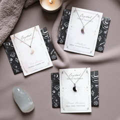 Kristall-Mond Halskette inkl. Grußkarte – Amethyst, Schwarzer Obsidian oder Rosenquarz