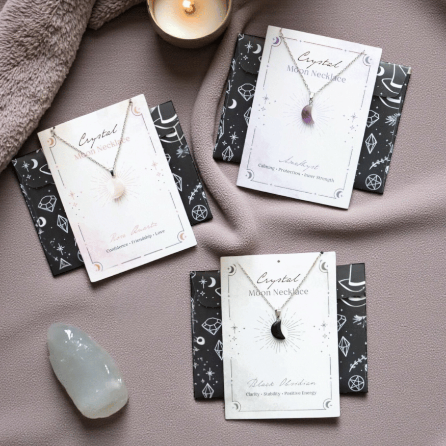 Kristall-Mond Halskette inkl. Grußkarte – Amethyst, Schwarzer Obsidian oder Rosenquarz
