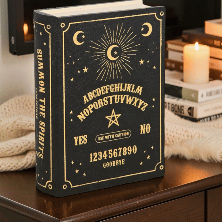 Talking Board Buchbox – schwarze Aufbewahrungsbox im Ouija-Look