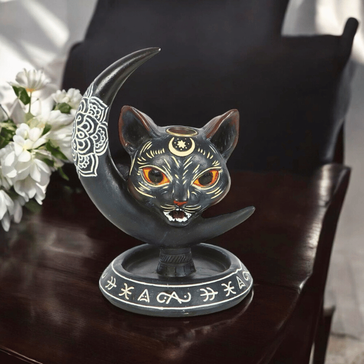 Schwarze Katze & Mond – Rückfluss-Räucherkegelhalter
