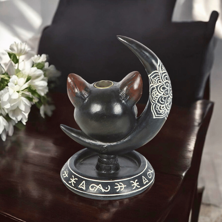 Schwarze Katze & Mond – Rückfluss-Räucherkegelhalter