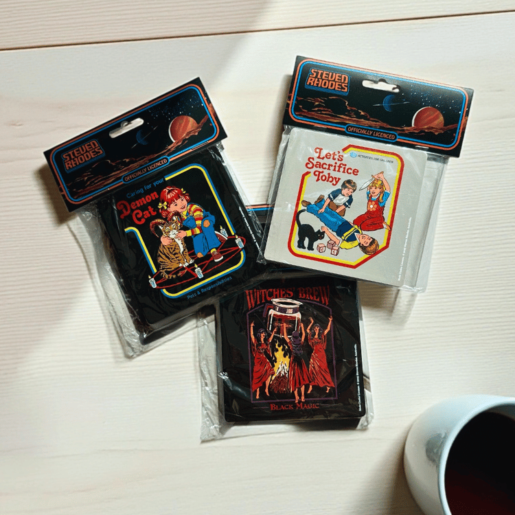 Steven Rhodes Untersetzer – 3 skurrile Retro-Coaster für Witchy-Deko