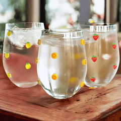 Trinkglas mit Fruchtmotiv – Auswahl: Erdbeere, Zitrone oder Orange