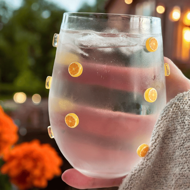 Trinkglas mit Fruchtmotiv – Auswahl: Erdbeere, Zitrone oder Orange