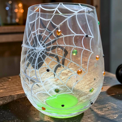 Handbemaltes Halloween Glas Lolita In My Own Web mit Glitzerspinne
