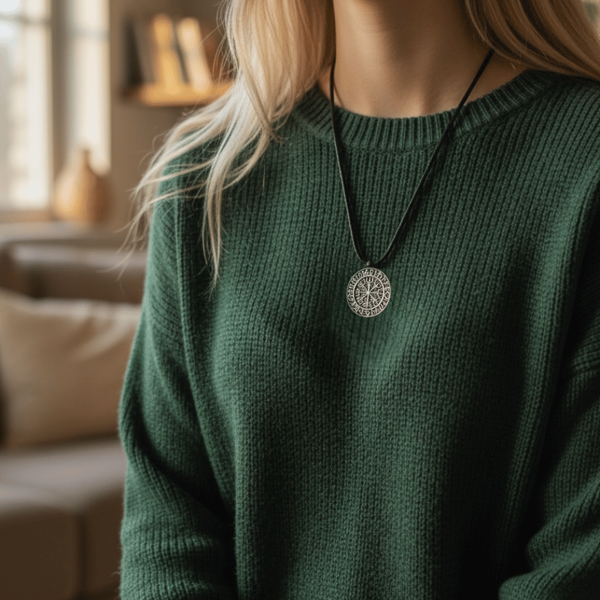 Vegvísir Halskette – Wikinger Kompass am schwarzen Band