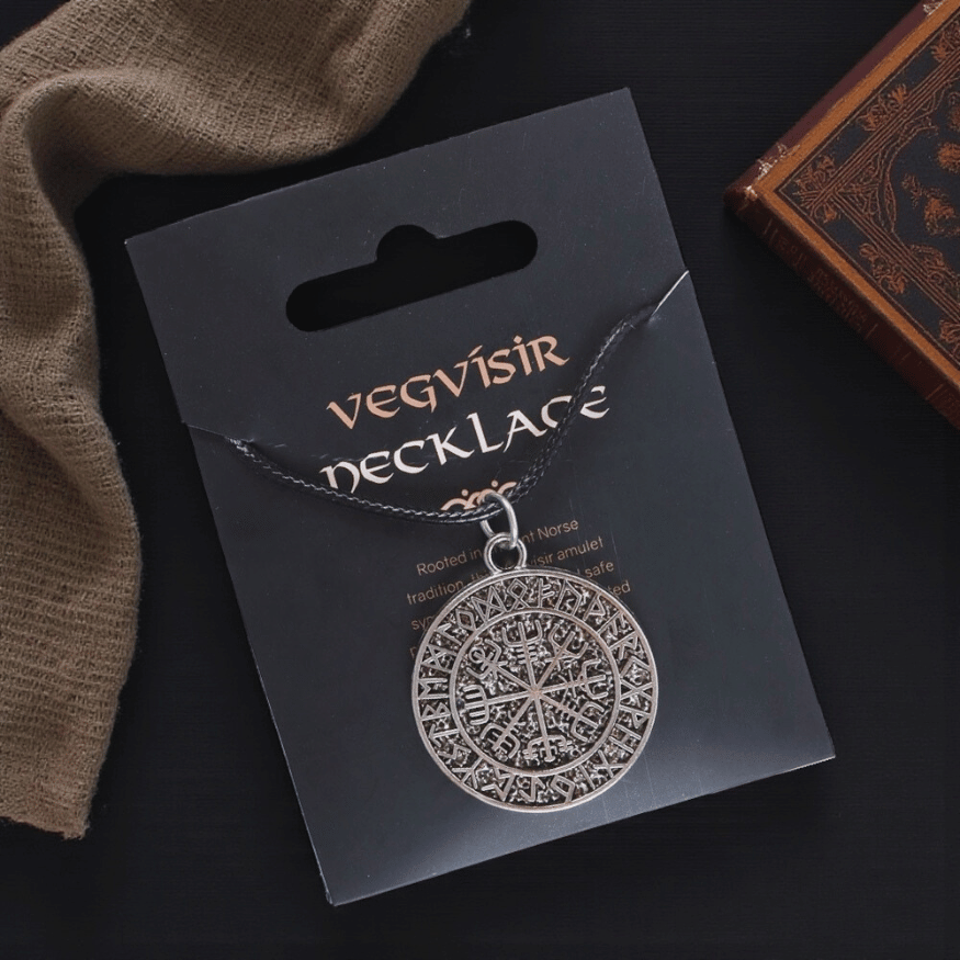 Vegvísir Halskette – Wikinger Kompass am schwarzen Band