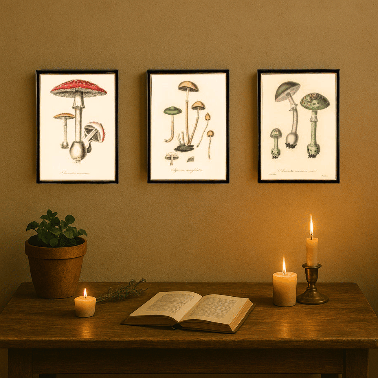 Vintage Pilz-Wandbilder – Botanische Deko im Rahmen (3er Set)