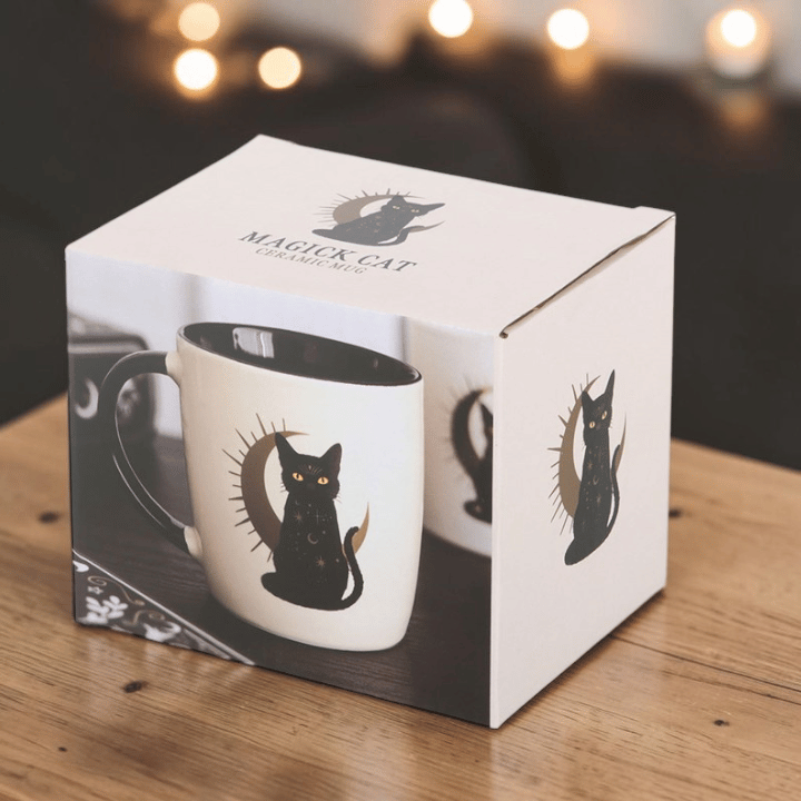 Schwarze Katze Tasse mit Mond – Witchy Kaffeetasse für Katzenliebhaber