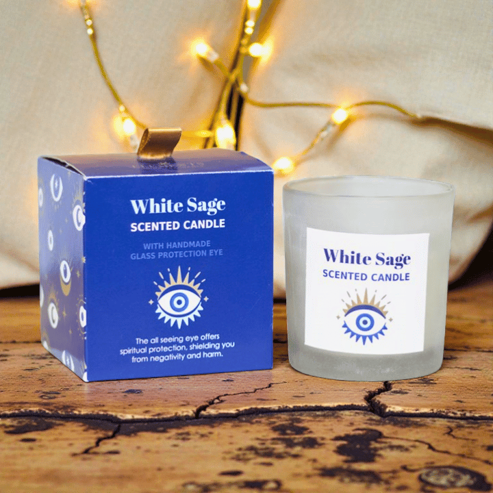 Duftkerze Weißer Salbei – Allsehendes Auge mit Sodalith Kristallsplittern