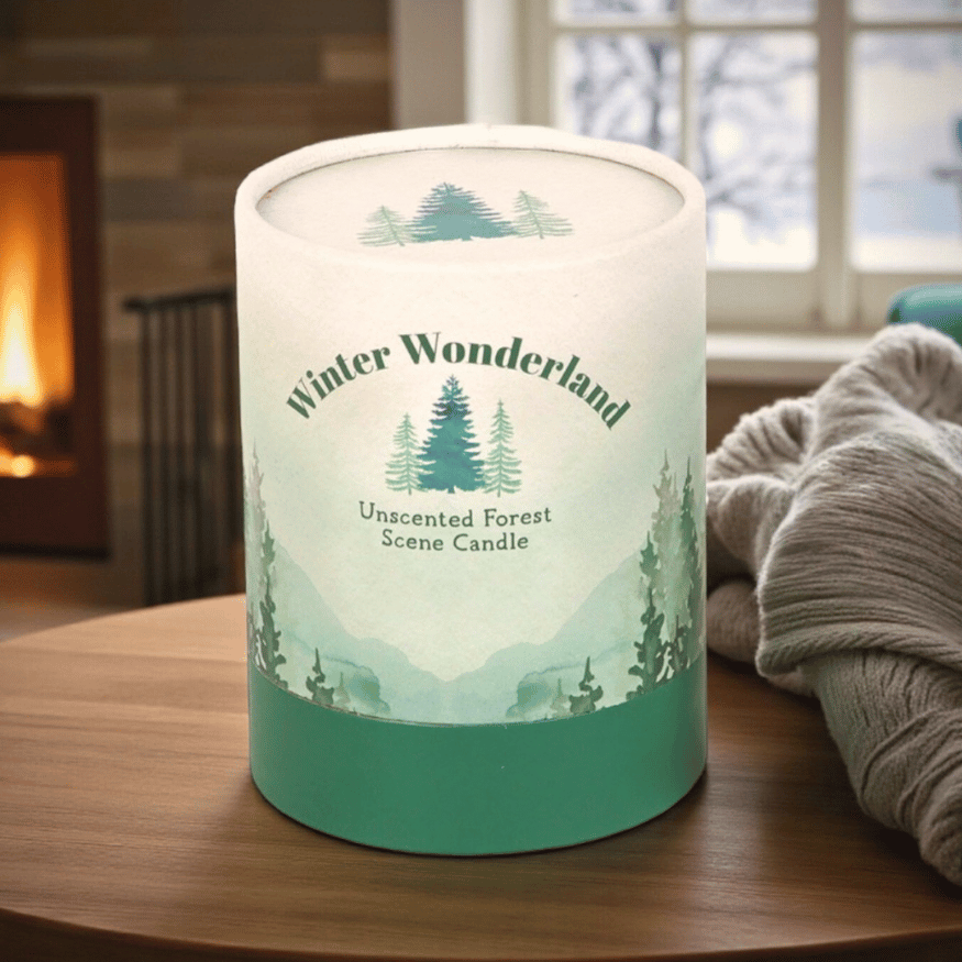 Winter Wunderland Kerze mit kleinen Tannenbäumen – filigranes Design