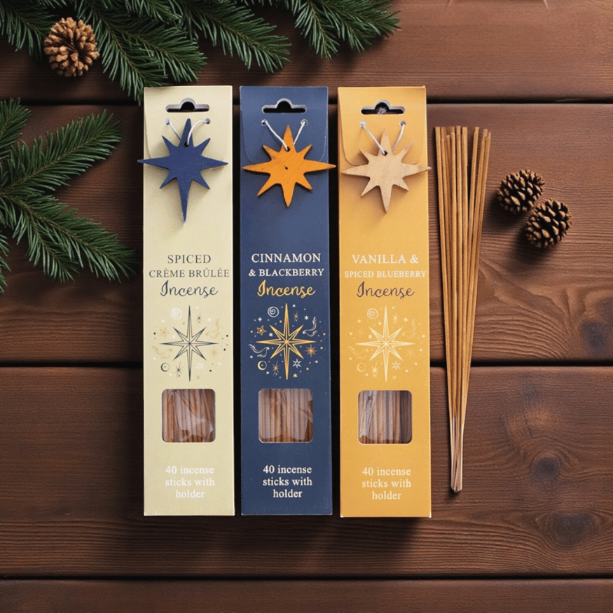 Winter & Weihnachtszeit Räucherstäbchen Set – 3 Duftvarianten 40 Stück + Halter