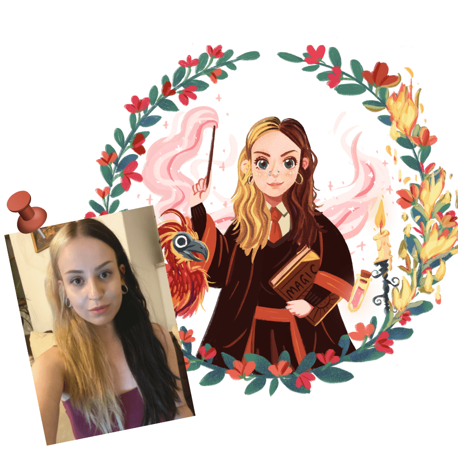 Zauberschülerin inspiriertes Portrait einer Person mit roten Hintergrund, Beispielbild für Portraitansicht