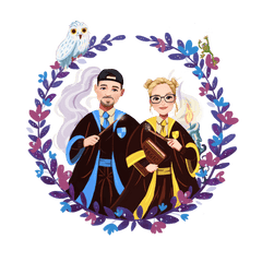 Paarbild mit lila violetten Hintergrund und blau, gelben Umhang