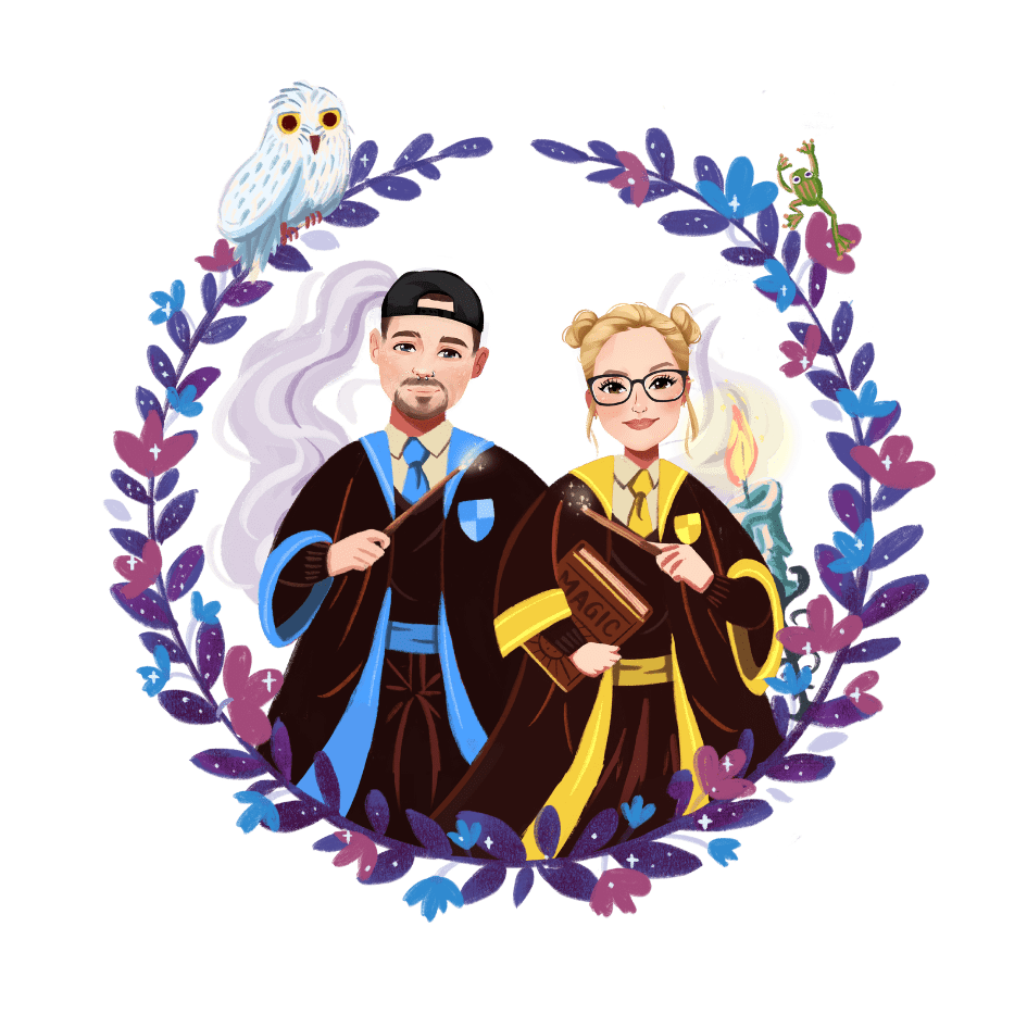 Paarbild mit lila violetten Hintergrund und blau, gelben Umhang