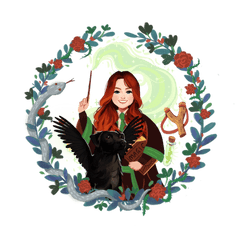 Zauberschülerin in grünen Hintergrund und grüner Robe mit Haustier - besonders personalisiert da Hund Flügel bekam