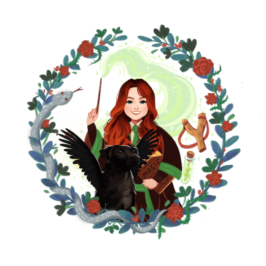 Zauberschülerin in grünen Hintergrund und grüner Robe mit Haustier - besonders personalisiert da Hund Flügel bekam