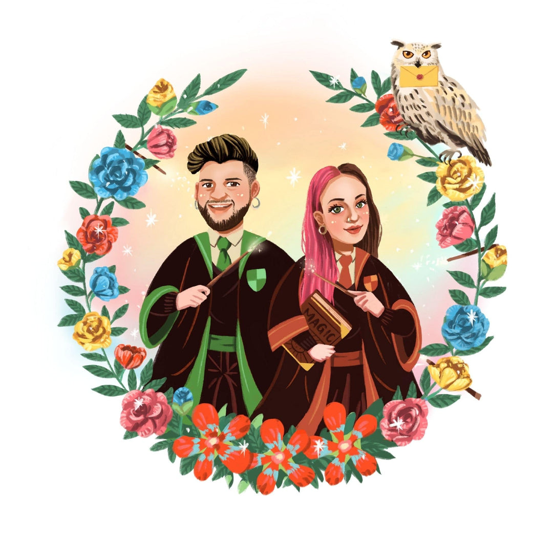 Harry Potter inspiriertes Portrait mit zwei Personen happy flower magic Hintergrund, Beispielbild für Portraitansicht