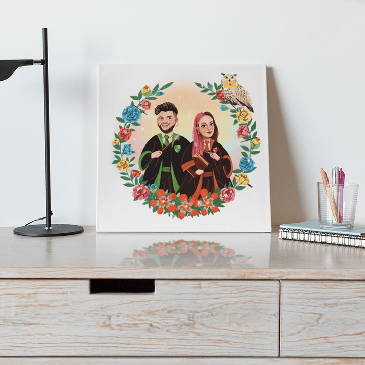 Leinwand mit Harry Potter Deko Inspiration happy flower magic Portrait von zwei Zauberschülern an der Wand angelehnt auf einem Sideboard