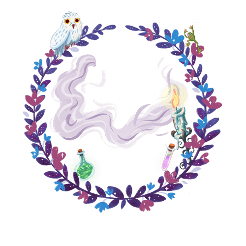Portrait Hintergrund violett lila für unentschlossene Zauberschüler die jedes Haus mögen, weiße Eule, Frosch, große Kerze und Zaubertrankfläschchen