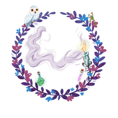 Portrait Hintergrund violett lila für unentschlossene Zauberschüler die jedes Haus mögen, weiße Eule, Frosch, große Kerze und Zaubertrankfläschchen