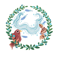 Portrait Hintergrund blau mit Adler, Büchern mit Körperteilen, Federn und blauen Blümchen