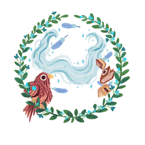 Portrait Hintergrund blau mit Adler, Büchern mit Körperteilen, Federn und blauen Blümchen