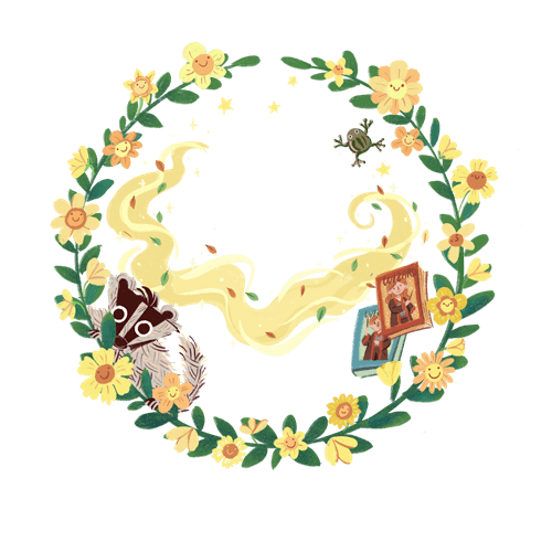 Portrait Hintergrund gelb mit Dachs, Frosch, Blumen mit Gesichtern und magischen Büchern