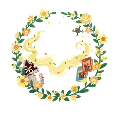 Portrait Hintergrund gelb mit Dachs, Frosch, Blumen mit Gesichtern und magischen Büchern