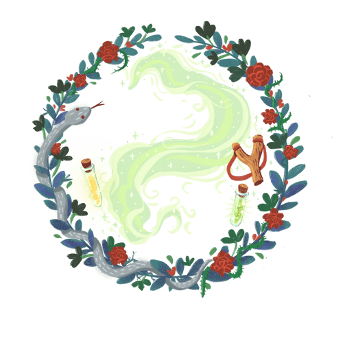 Portrait Hintergrund grün mit Schlange,Steinschleuder, Zaubertrankfläschchen und roten Rosen mit Dornen