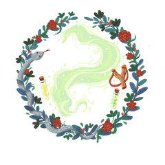 Portrait Hintergrund grün mit Schlange,Steinschleuder, Zaubertrankfläschchen und roten Rosen mit Dornen