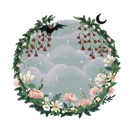 Portrait Hintergrund Dark Paradise, dunkelgrüner Kranz verziert mit hellen Blumen und Dornen, Fledermaus und Mond, verträumte magische Atmosphäre