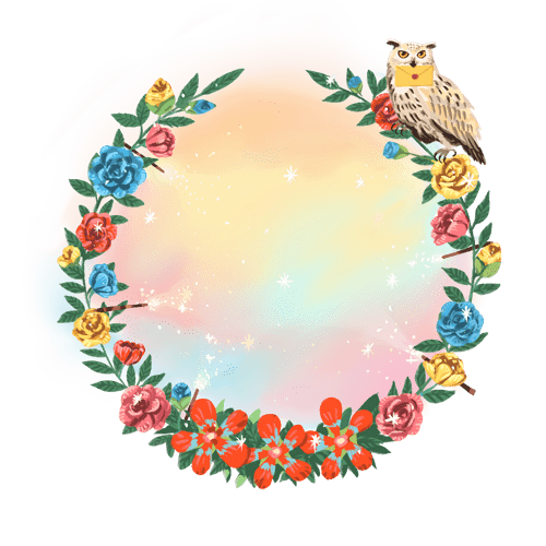 Portrait Hintergrund Happy Flower Magic, bunter Blumenkranz mit herausragenden Zauberstäben welche einen bunten Nebel versprühen, Waldkauz mit Hogwarts Brief im Schnabel