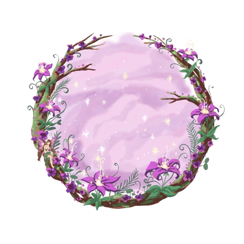 Portrait Hintergrund mit dem Titel purple dream, mit Wurzelumrandung und lila Blumen, inspiriert vom verbotenen Wald, kleine Fee ebenso sichtbar