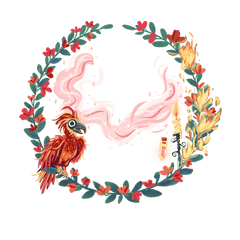 Portrait Hintergrund rot mit Phönix, Kerze, Feuer und Zaubertrankfläschchen und roten Blümchen