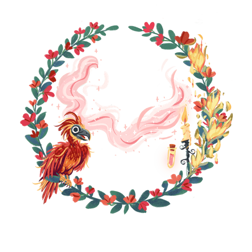 Portrait Hintergrund rot mit Phönix, Kerze, Feuer und Zaubertrankfläschchen und roten Blümchen